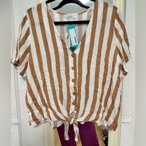 Striped Cropped Button Down Blouse with Tie